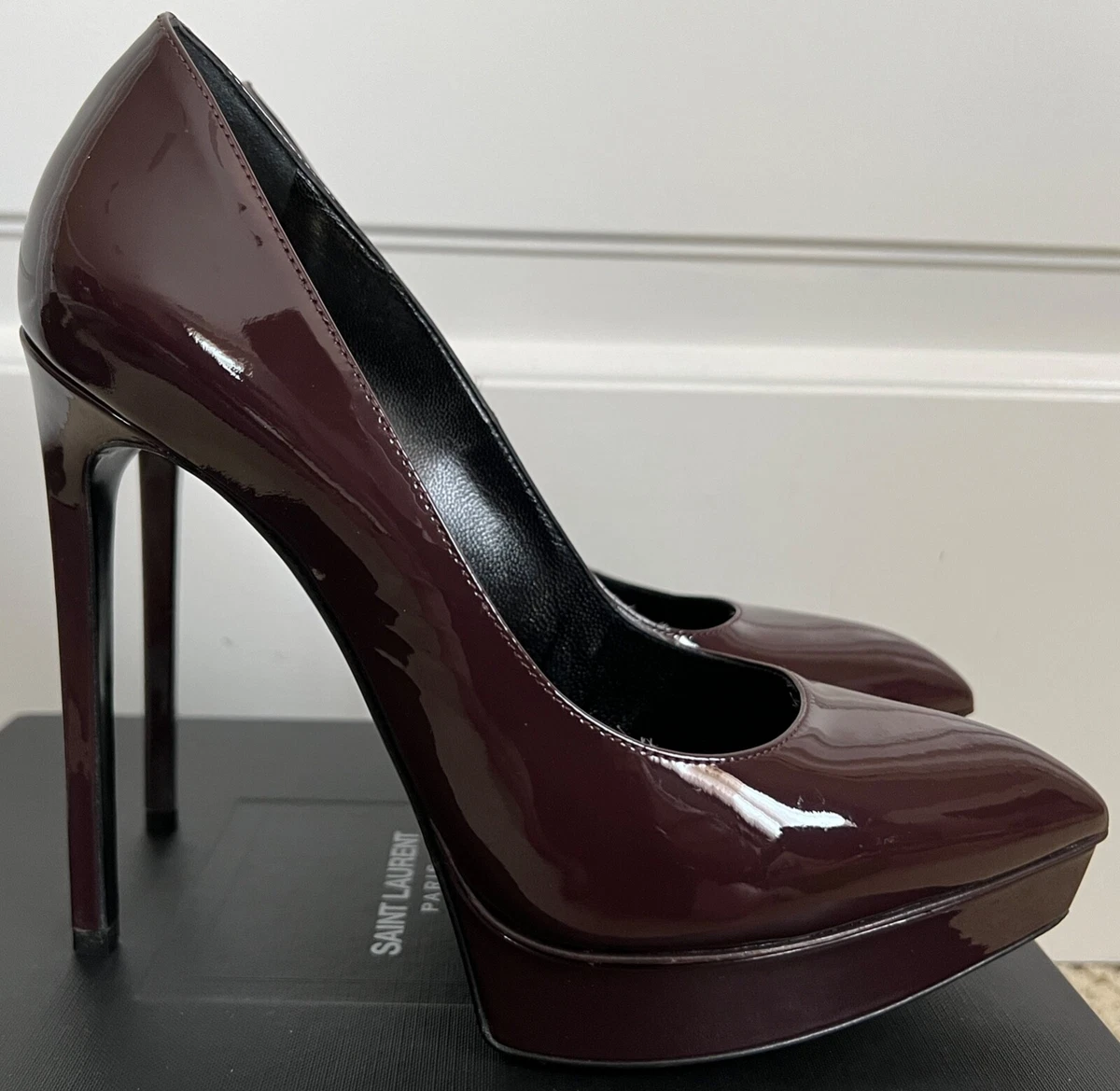 Saint Laurent YSL Janis Burgundy Patent Leather Pointed Platform Pumps 38.5  $795