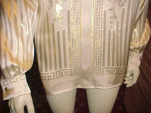 CAMICIA VINTAGE UOMO CETA DOLCE SETA METALLIZZATA STAMPA GRECA CREMA/ORO MED/LRG - Foto 7 di 12