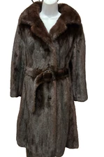 ALASKAN FURS REAL MINK FUR DARK BROWN COAT JACKET BELTE  WOMEN SIZE L  LARGE 10