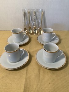 Demitasse-Cups-Saucers-4-Gold-Spoons-Lord-And-Taylor-White-Gold-Ring