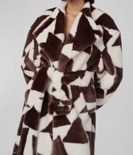 $898 Ronny Kobo Women's Ivory Self-Tie Two-Tone Geometric Printed Coat Size M