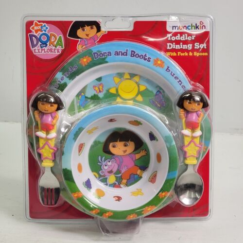 Munchkin Dora The Explorer Toddler Kids 4pc Dining Set Plate Bowl Fork Spoon New - Afbeelding 1 van 4
