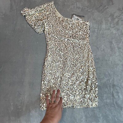 Womens M White Gold Sequin Shimmer Short One Shoulder Formal Dress Bride Wedding