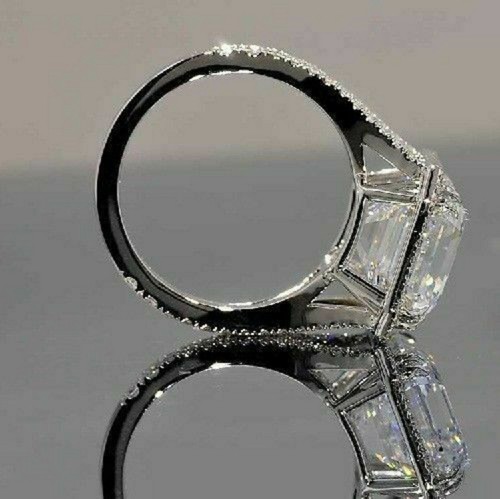 Anillo de moissanita corte esmeralda de 6,95 quilates | Solitario D/VVS1 | Banda de oro blanco de 14 quilates - Imagen 3 de 4