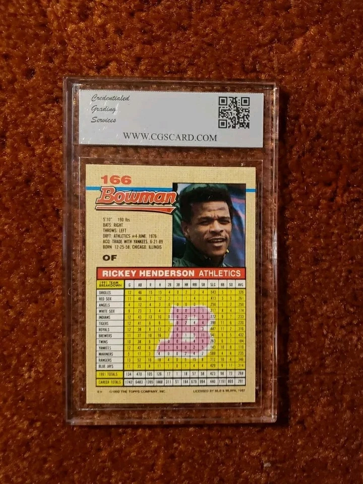 *RICKEY HENDERSON* 1992 Bowman Baseball #166 *CGS 10* Oakland A's  - Image 2 of 2