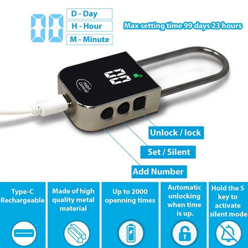Habit Control Time Lock, Timed Locker Padlock, Pad Lock with Timer & Steel Cable - Picture 2 of 6