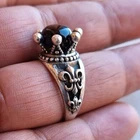 Ancient Victorian Sterling Silver Ring Engraved Black Onyx - Size 12