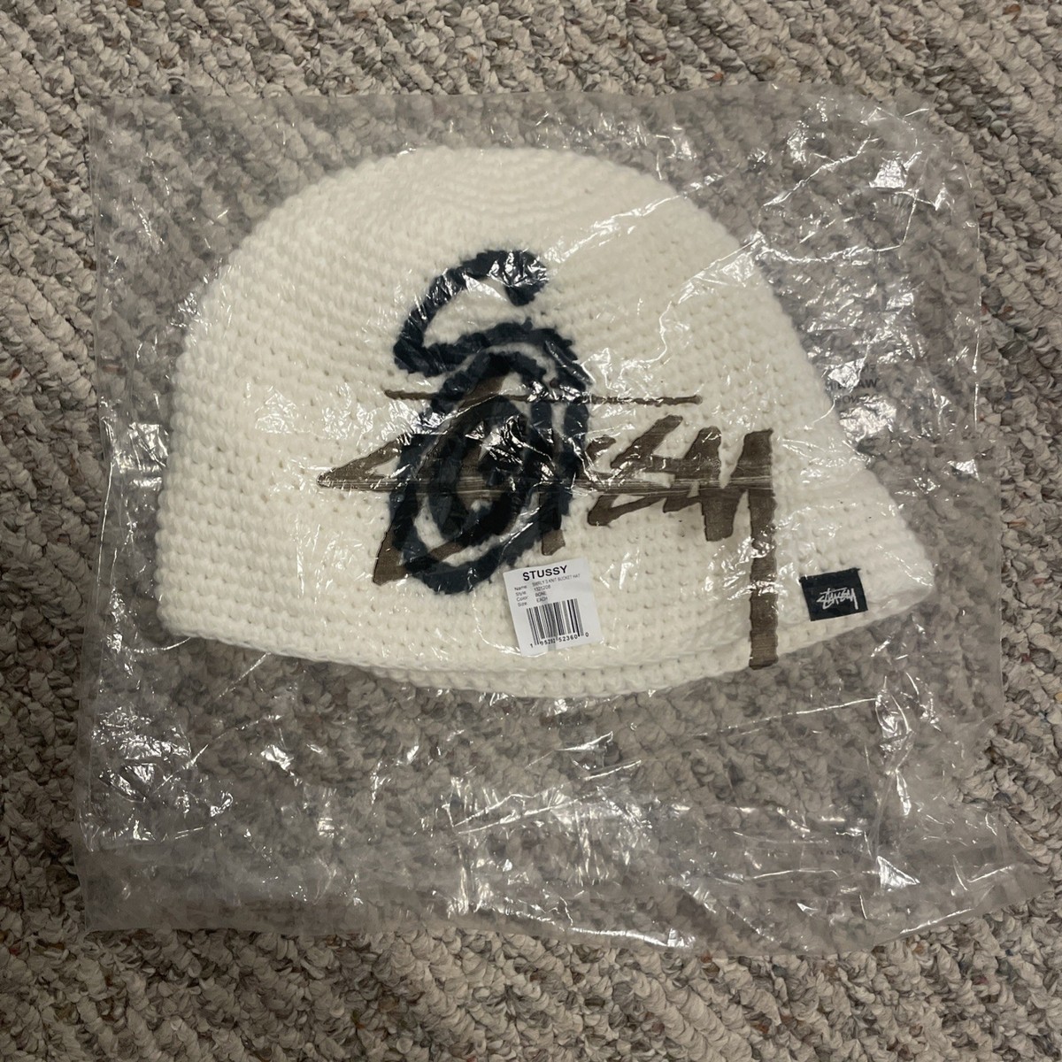 Stussy Swirly S Logo Knit Bucket Hat Bone White | eBay