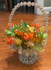 vtg retro safety pin beaded basket green orange yellow fruit  flowers