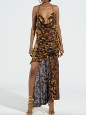 Unique Prom Dress Gold & Navy velvet dress gold floral, ruched & halter Sz Small