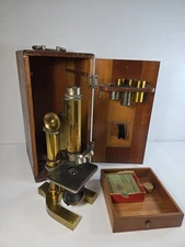 Vintage Bausch & Lomb Brass Microscope, Multiple Lens, Wood Case, Slides 