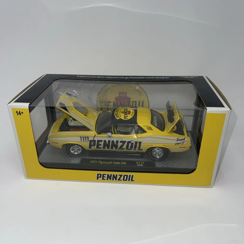 M2 Machines 1/24 Pennzoil 1971 Plymouth Cuda 440 '71 amarillo R117 coche fundido a presión Foto 2 de 4