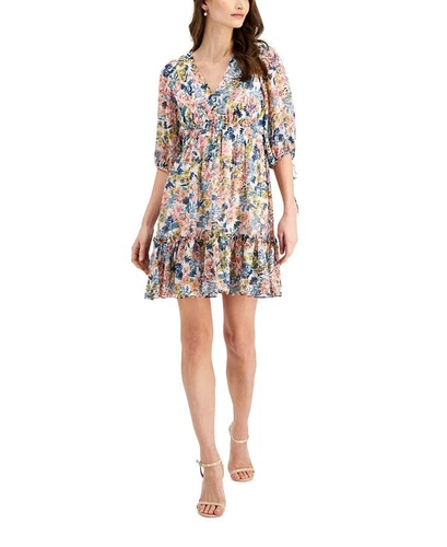 Taylor Women's Floral Print Smocked Waist A Line Dress White Size 4 Petite - Picture 1 of 3