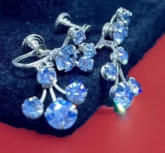 Vintage Blue Rhinestone Dangle Statement Clip Ear… - image 1