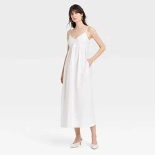A New Day Dress Womens Small White Seersucker Maxi A-Line V-Neck Sleeveless