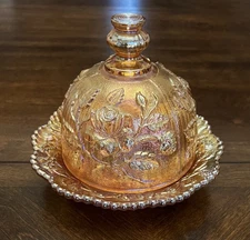 IMPERIAL CARNIVAL GLASS Round Covered Butter Dish 1910 Open Rose Marigold
