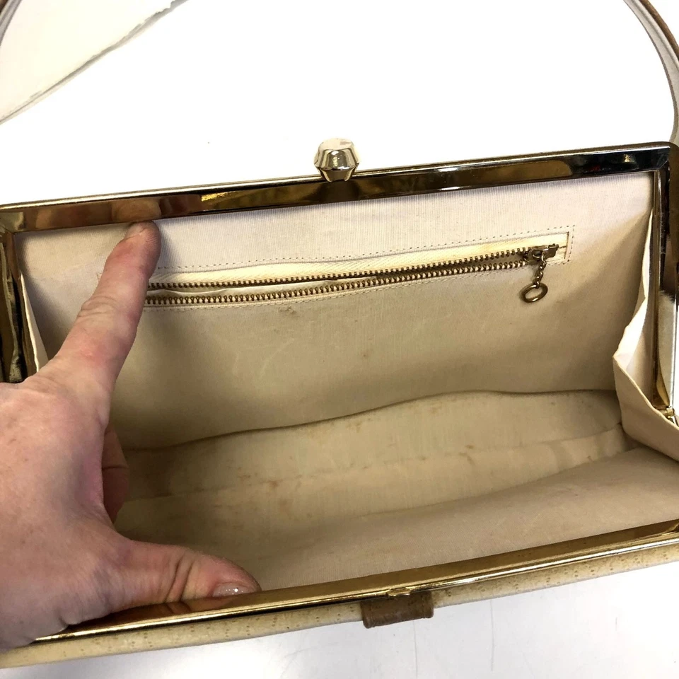 Vtg 50 60's 2 Tone Cream Beige PECCARY Print MOD Hand Bag Purse COCKTAIL Satchel - Image 3 of 4