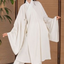 White Hanfu Inner Clothes Round Neck Robe Wide Sleeve Sleepwear Unisex Men Women