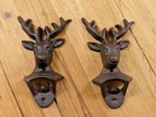 2 CAST IRON DEER BOTTLE OPENERS OPEN HERE OPENER DECOR BEER BAR SODA WALL MOUNT