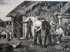 SOLDIER Break from Battle at Farm Artistic Talent - 1883 Original Etching Print