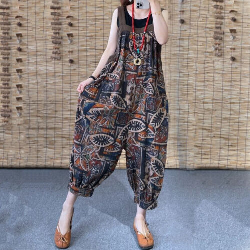 Women Boho Overalls Summer Floral Suspender Jumpsuits Wide Leg Pants Romper - Picture 5 of 11