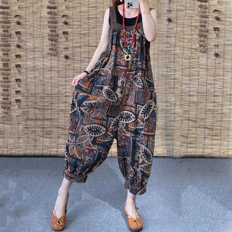 Damen Boho Latzhosen Sommer Floral Träger Jumpsuits Weite Hosen Overall - Bild 3 von 4