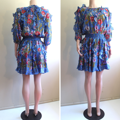 Diane Freis L Glam Day Dress Poly Chiffon Beaded Floral Mini Circle Skirt 80s - Picture 4 of 9
