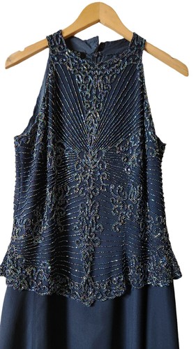 J Kara New York Navy Sequin Pop Over Blue Maxi Dress Size-10 - Picture 2 of 6