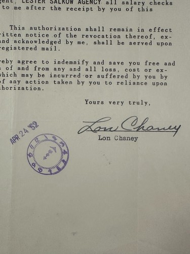 LON CHANEY JR. - T HE WOLFMAN! PERFECTLY SIGNED 1952 AGREEMENT - WITH PSA COA. - Picture 2 of 4