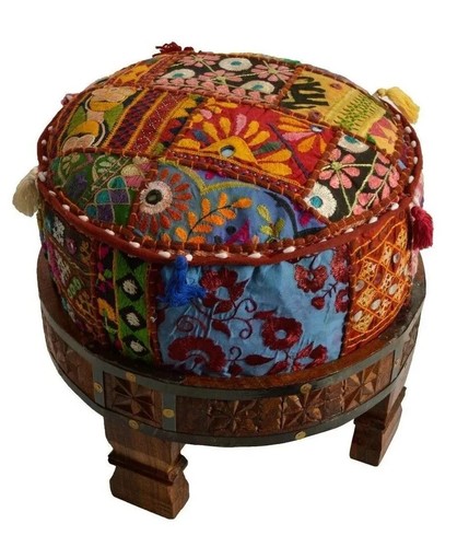 Home Decorative Khambadi Ottoman Embroidery Patchwork Round Foot Stool Pouf - Picture 2 of 12