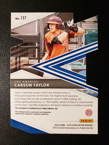 Carson Taylor #09/24 Auto RC 2020 Panini Elite Edizione Extra L.A. Dodgers Rookie - Foto 2 di 2
