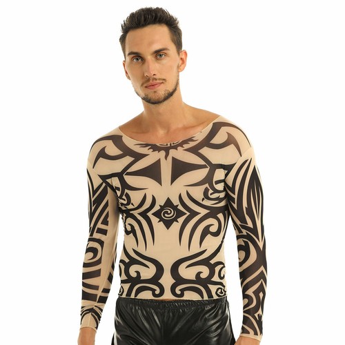 Mens Long Sleeve Mesh See Through T-shirt Fake Tattoo Blouse Shirt Party Fancy - Picture 36 of 56