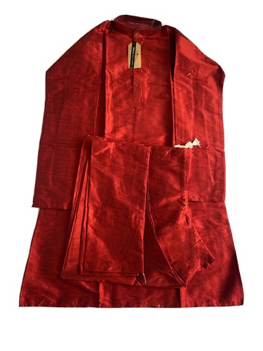 Crocon Men's Kurta Pajama Dupion Silk Indian Party Wear, Maroon, 50 Chest Size