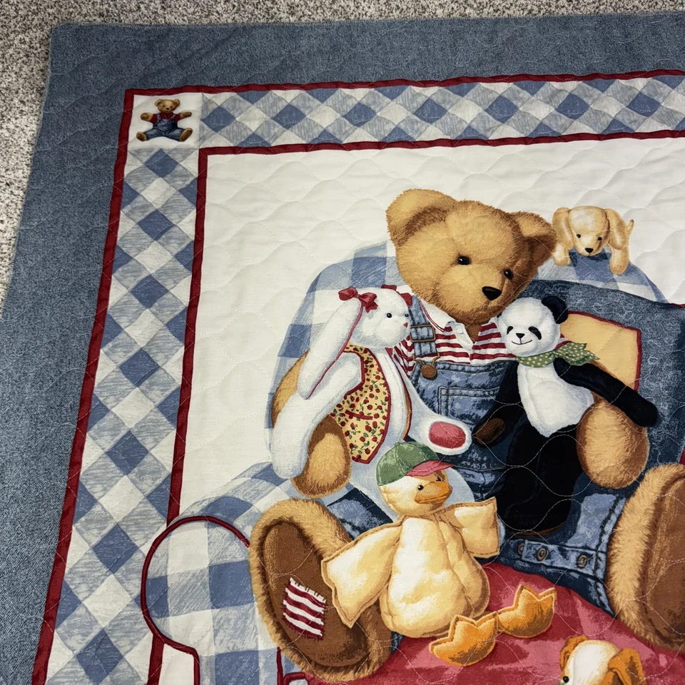 Manta acolchada vintage azul Jean oso de peluche a cuadros tiro infantil reversible años 90 Foto 4 de 4