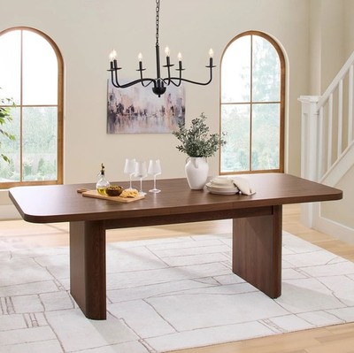 Walnut Brown Dining Room Extendable Table Rounded Corners Solid Wood Finish Leaf