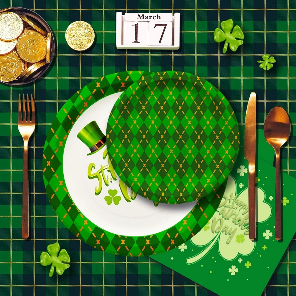 Louça descartável vibrante St Patrick’s Day - Xadrez verde e design trevo - Imagem 4 de 4