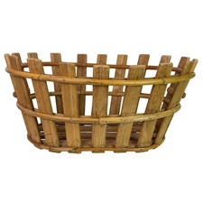 Vintage Large Oval Wooden Slats & Bamboo Basket Rustic Decor Storage Cottagecore