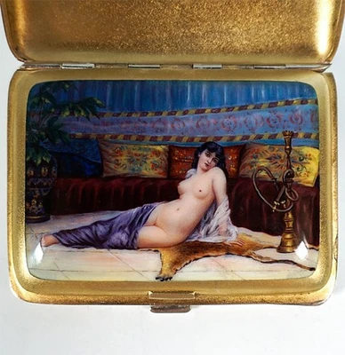 SILBER TABATIERE ZIGARETTEN ETUI EMAILLE MALEREI ODALISKE IM BOUDOIR DEUTSCH 935 - Bild 1 von 4
