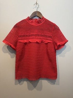 Strut & Bolt Red Crochet Lace Top Boho Floral Sheer Blouse Ruffle Hem Top Size S