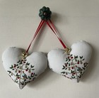 Pair of Heart Hangers in Sophie Allport Partridge in a Pear Tree Fabric ~ 5"