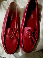 PRADA Women s Red Leather Loafer Flats US 6 Round Toe Slip-On Bow Logo