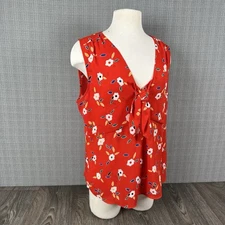 CAbi Tied Up Red Floral Sleeveless Tank Top Blouse Women Size L #5734 Heart of