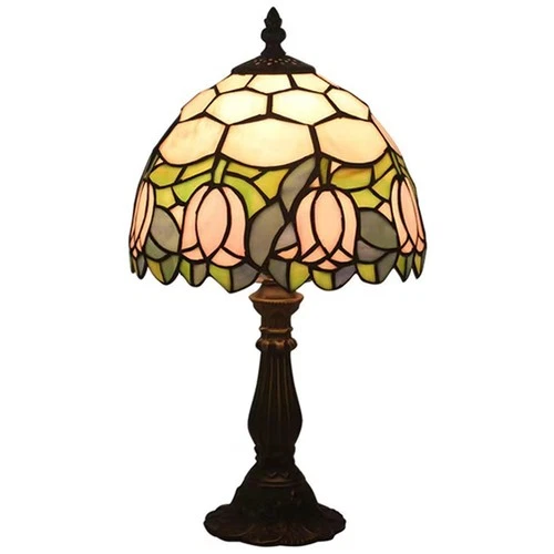 Tiffany Style Table Lamp Pink Tulip Stained Glass 8 Inch Small Antique Brass NIB