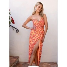 Strapless Floral boho midi Dress Orange  Slit fairy Y2K whimsi cottage fair smal