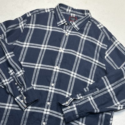 Untuckit Linen Button Up Shirt Mens Size XXL 2XL Navy Blue White Plaid Ovada WR