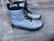 Dr. Martens Boots Womens Girls 3 Silver Glitter Zavala J Combat Boots Side Zip