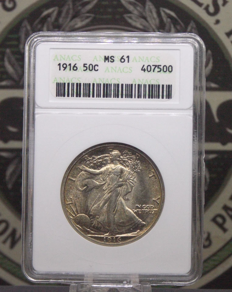 1916 "P" Walking Liberty Half Dollar 50c ANACS MS61 #500 Unc *SOAPBOX* ECC&C Inc - Image 3 of 4