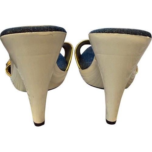 New BCBG Denim / Gold Buckles Mule Heels Pumps Shoes Boho Chic Y2K 70's Size 7 - 第 5/7 張圖片