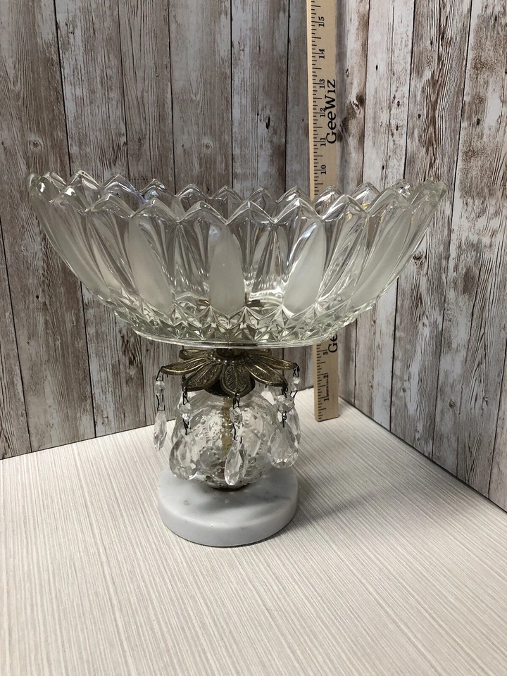 Tigela de frutas compota de cristal corte antigo com prismas base de mármore pedestal de latão - Imagem 2 de 4
