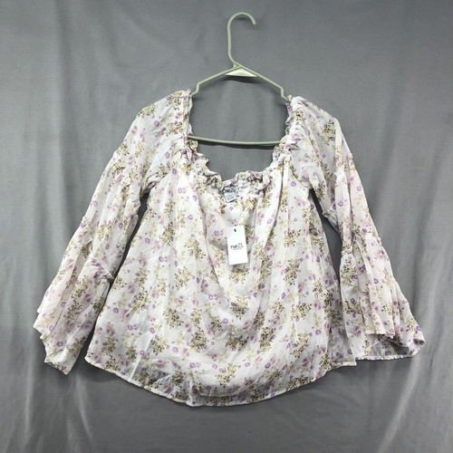 New Rue21 Long Sleeve White Purple Floral Off Shoulder Blouse Size L Women Cute